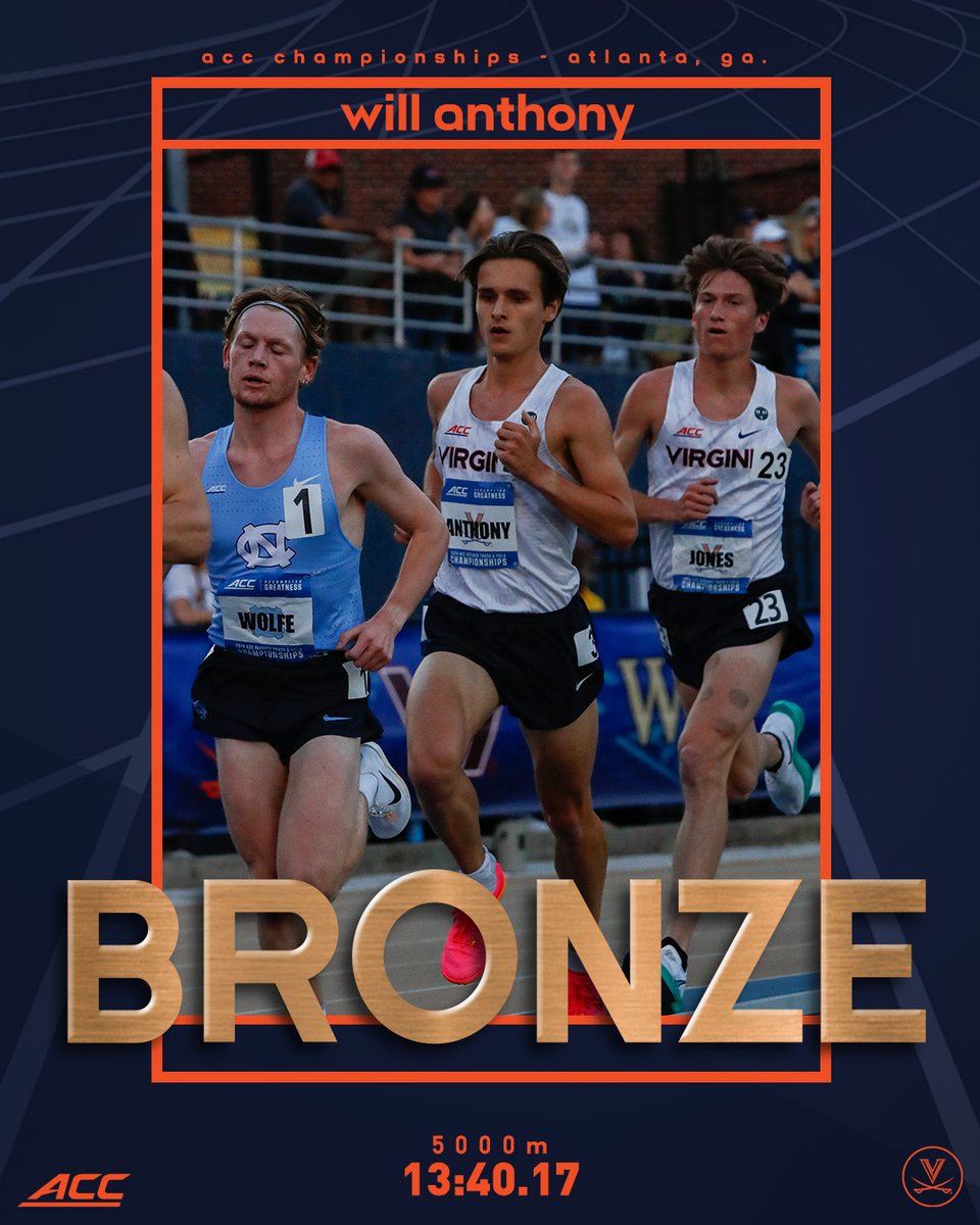 UVATFCC's tweet photo. Made his was back to the podium 🥉

Will Anthony brings home the bronze medal in the men's 5000m running 13:40.17! 

#GoHoos | #ACCTF https://t.co/o2A4iJdmRm