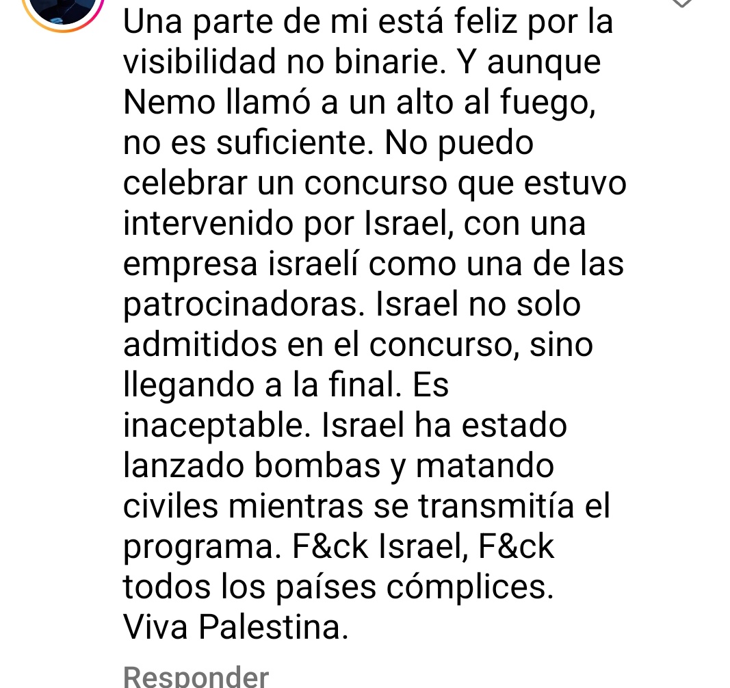 Sobre la victoria de Nemo en #Eurovision2024 
Qué no nos sigan usando a las personas queer para hacer rainbowashing al estado genocida de Israel