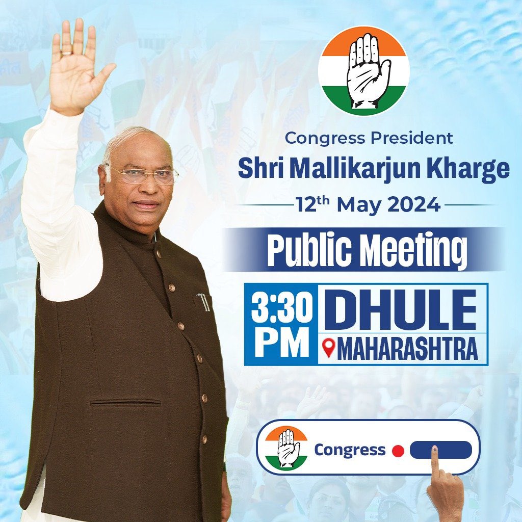 Congress President Shri @kharge is scheduled to attend a public meeting in Dhule, Maharashtra today. Stay tuned to our social media handles for live updates. 📺 x.com/incindia 📺 facebook.com/IndianNational… 📺 youtube.com/user/indiacong…