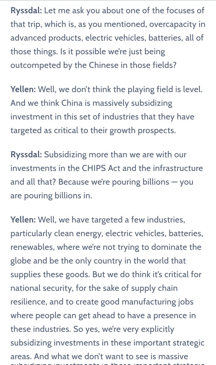 Fantastically revealing exchange with Janet Yellen. The interviewer asks her: '[Regarding China's] overcapacity in advanced products, electric vehicles, batteries, all of those things. Is it possible we’re just being outcompeted by the Chinese in those fields?' Yellen replies