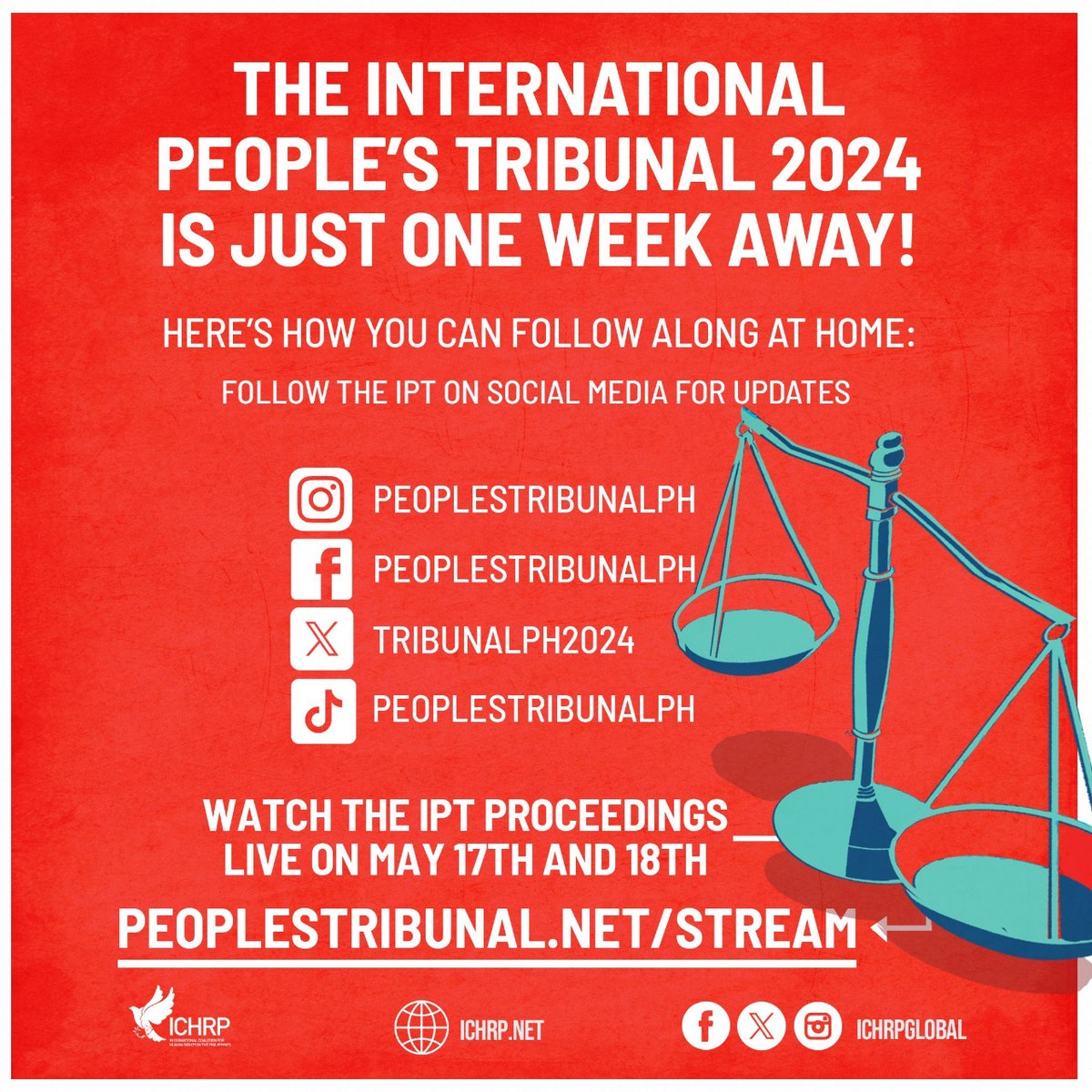 The International People’s Tribunal 2024 is just one week away! While registration for the in-person procedure is now closed, you can still get updates leading up to, and during, the IPT. Here’s how you can follow along at home: