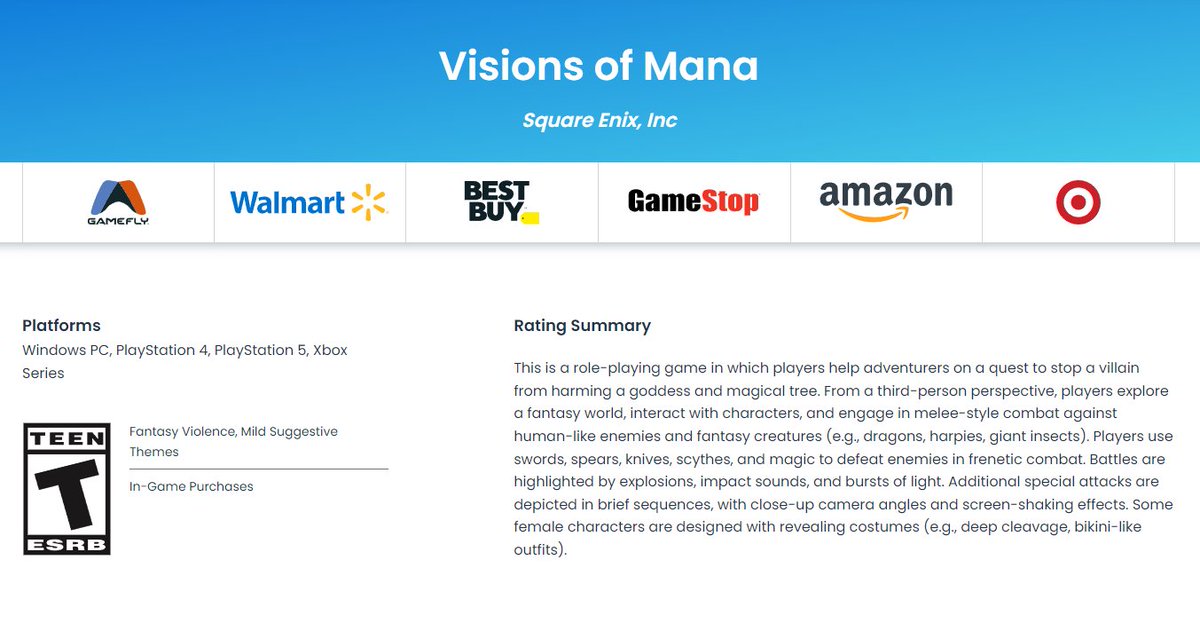 Visions of Mana has been rated by the ESRB! - Rated T (Teen) for ages 13+ - Melee-style combat against human-like enemies and fantasy creatures - Some female characters are designed with revealing costumes (e.g., deep cleavage, bikini-like outfits) esrb.org/ratings/39905/…