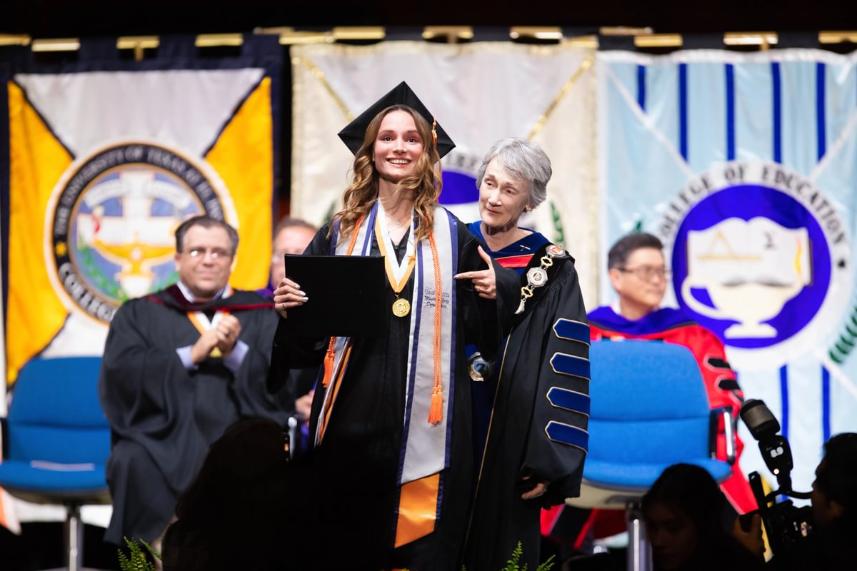 Hande Yetis is a rockstar @UTEPVB player who helped lead her team to a national championship while ALSO earning a degree in manufacturing and systems engineering. Tonight, she earned a master’s degree from @engineeringutep. She will pursue a volleyball career in Turkey. Congrats!