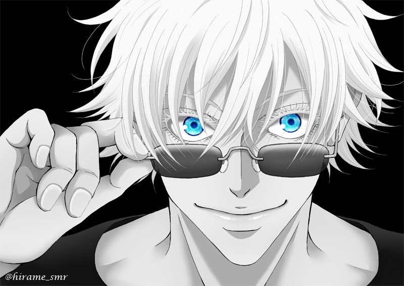 gojou satoru solo looking at viewer smile short hair blue eyes simple background shirt  illustration images