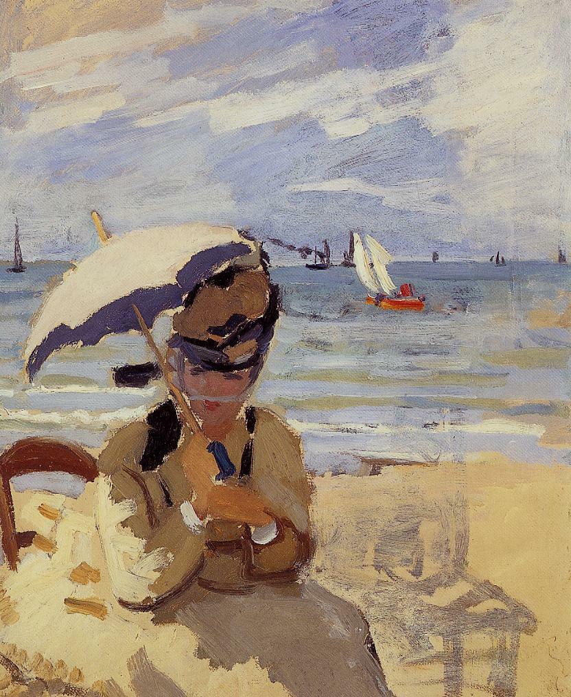 Camille Sitting on the Beach at Trouville, 1871 linktr.ee/monet_artbot