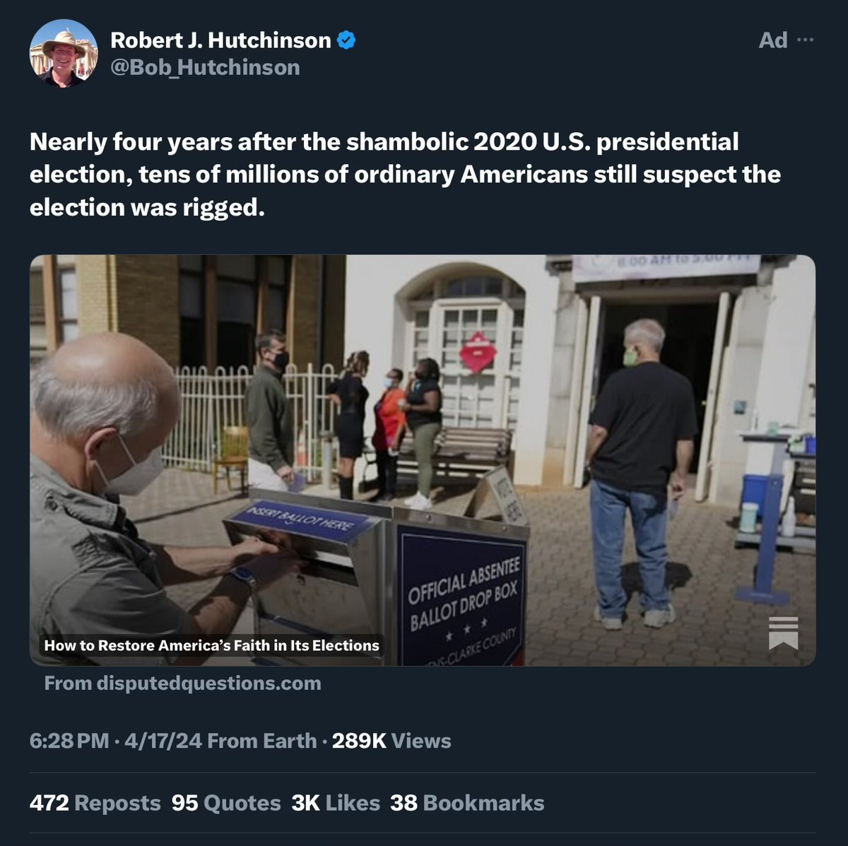 This bonehead with 650 followers PAID to advertise his dumb article about the 2020 election.