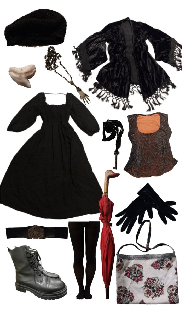 Planned tomorrow's bad weather trip to the post office outfit to avoid procrastinating. Includes me-made tote bag, granny-knit beret, ground squirrel claw and antique key on silk ribbon necklaces, shark tooth brooch, and quirky old wooden duck head umbrella. 90% thrifted.