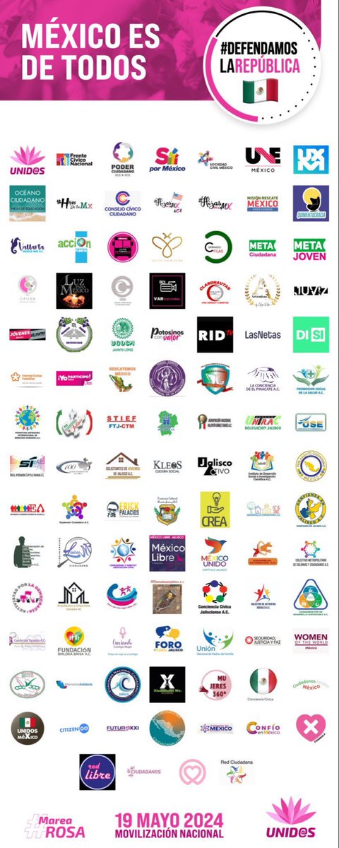 Más de 100 organizaciones unidas por amor a México 🇲🇽 ¡Ya nada nos detiene! ¡Nos vemos el domingo 19 en el Zócalo y en todas las plazas públicas del país! #MareaRosa #UneMexico #DefendamosLaRepublica