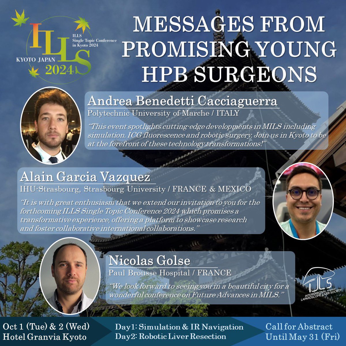 Who is coming to Japan along with them🤗?! We expect more and more participation and opinions from young & powerful #hpb surgeons to the discussion during #ILLS2024 in #Kyoto next October🇯🇵 🌍👩🏻‍⚕️🧑🏽‍⚕️👨🏼‍⚕️🌏 📩ABSTRACT SUBMISSION UNTIL MAY 31 🌟Visit: c-linkage.co.jp/ills-stc2024/