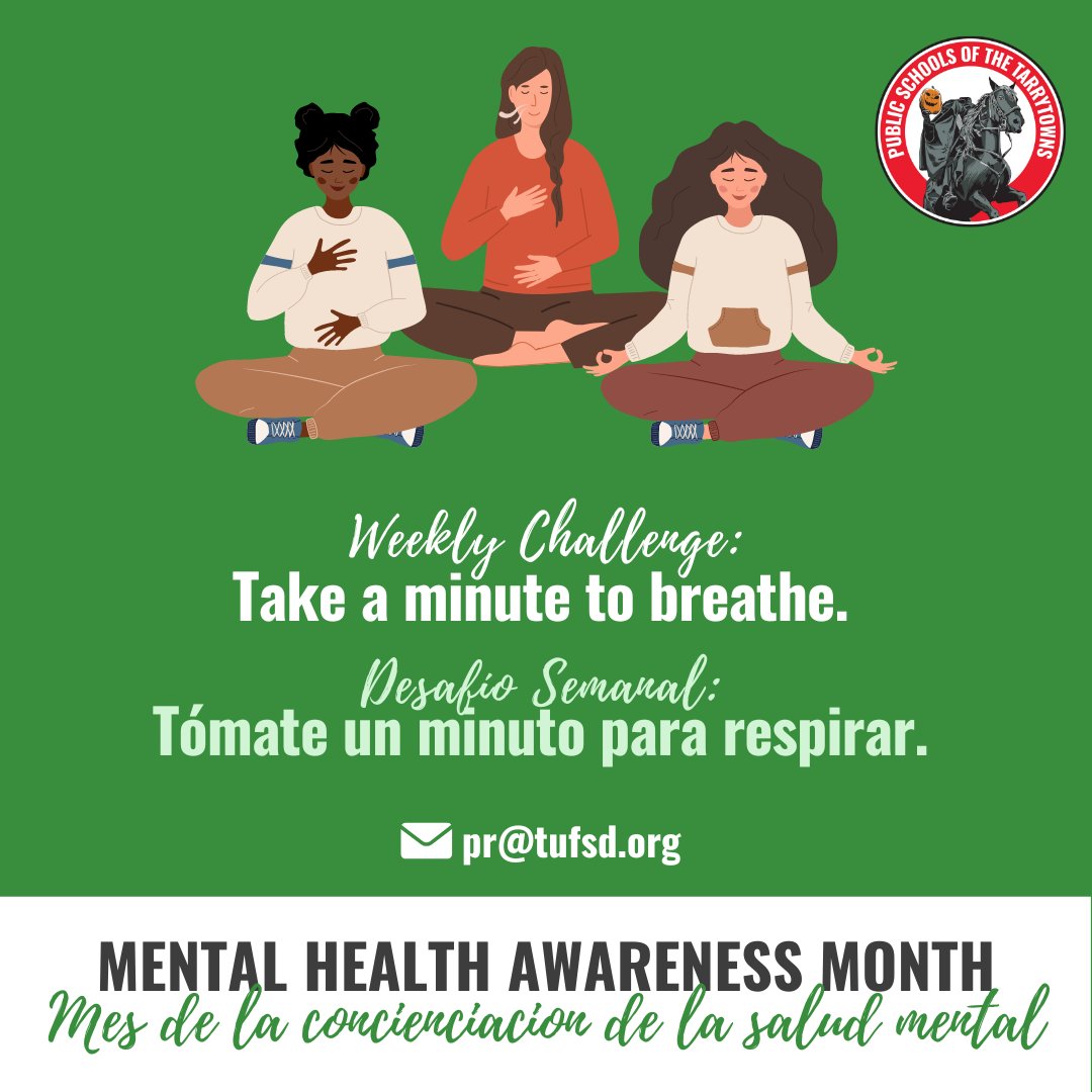 This week, find time to take a minute for yourself and just breathe. Taking just one minute to focus on your breathing can be a super quick and easy way to boost your mental health. 

If you do this challenge, feel free to share pictures to pr@tufsd.org !