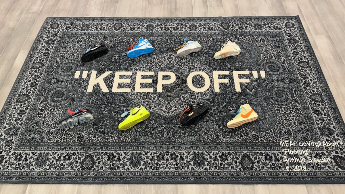 hypedila's tweet photo. Finally opened this rug after acquiring it 5 years ago. The story behind this rug and the shoes on it are worth more than the shoes and rug themselves. What an era! @virgilabloh https://t.co/aYhZWtwVZL