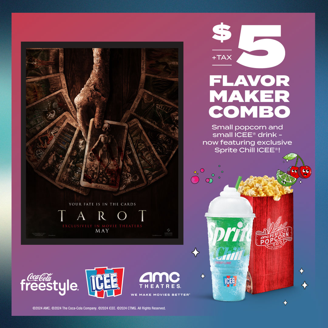 This deal is your fate. Unleash this $5 Flavor Maker ICEE combo, exclusively featuring Sprite Chill ICEE when you see #TarotMovie, at #AMCTheatres! amc.film/4dzG554