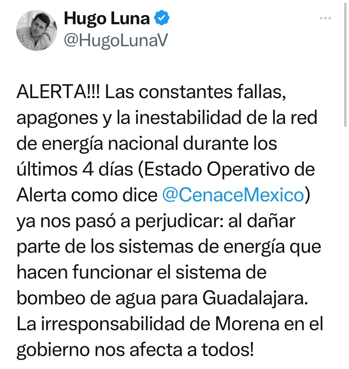 Según <a href="/EnriqueAlfaroR/">Enrique Alfaro</a> y <a href="/HugoLunaV/">Hugo Luna</a> no hay agua por problemas de la luz. Creo que faltan a la verdad, y reparten culpas, en lugar de reconocer el desastre que ha sido la administración del <a href="/siapagdl/">Siapagdl</a> con <a href="/CarlosTorresLu/">Carlos Enrique Torres Lugo</a> una administración para llorar y olvidar. #YaSeVan