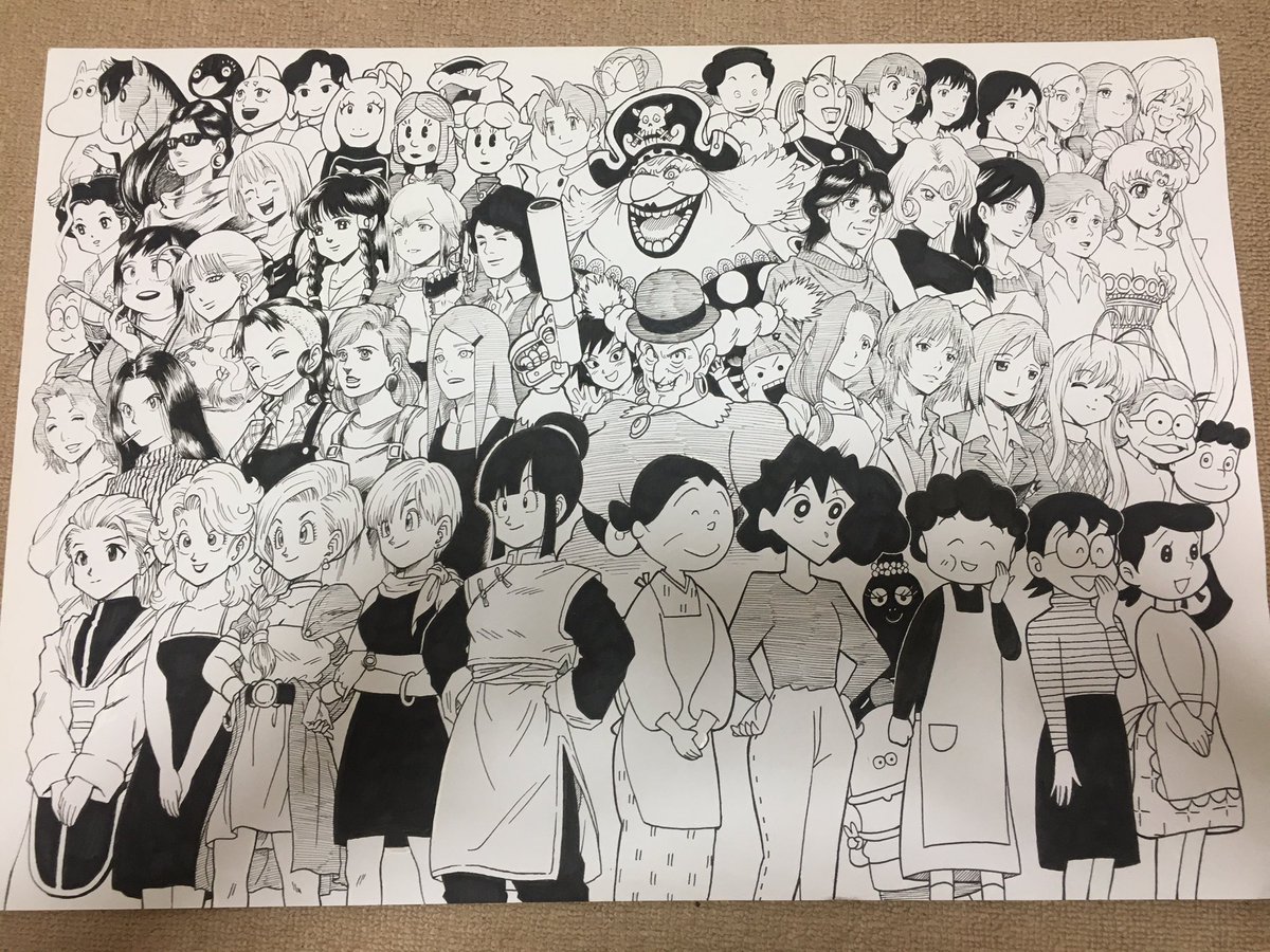 dragongarowLEE's tweet photo. 数年前に画用紙に描いたお母さんキャラ集合絵
もうアナログでこんな大掛かりな絵は描ける気がしない 笑 https://t.co/OpciTibUui