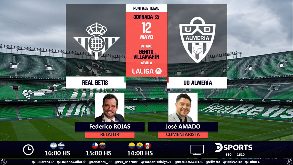 ⚽ #LaLiga 🇪🇸 | #RealBetis vs. #Almería 🎙 Relator: @FDVENE 🎙 Comentarista: @joselitoamado 📺 @DSports (610-1610 HD) Sudamérica 💻📱@DGO_Latam 🤳 #LaLigaEnDSPORTS - #RealBetisAlmería Dale RT 🔃