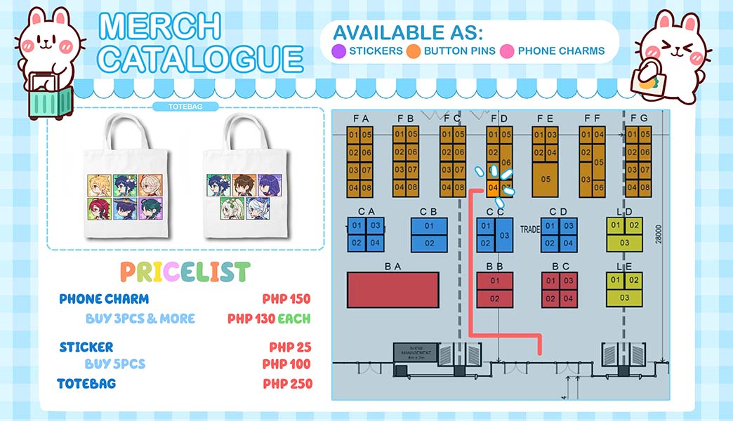 ✨ MERCH CATALOGUE ✨
[ RTs are 🩵 appreciated ]

@chiri2bum2 and I will be at Table FD-04, see you guys there!! (ノ▽〃)

🥕May 18-19, 2024
🥕Space At One Ayala, Makati

Can do reservations until May 16, just DM me wink wink (｡•̀ᴗ-)✧

#FanFes2024 #FanFairFanFes2024