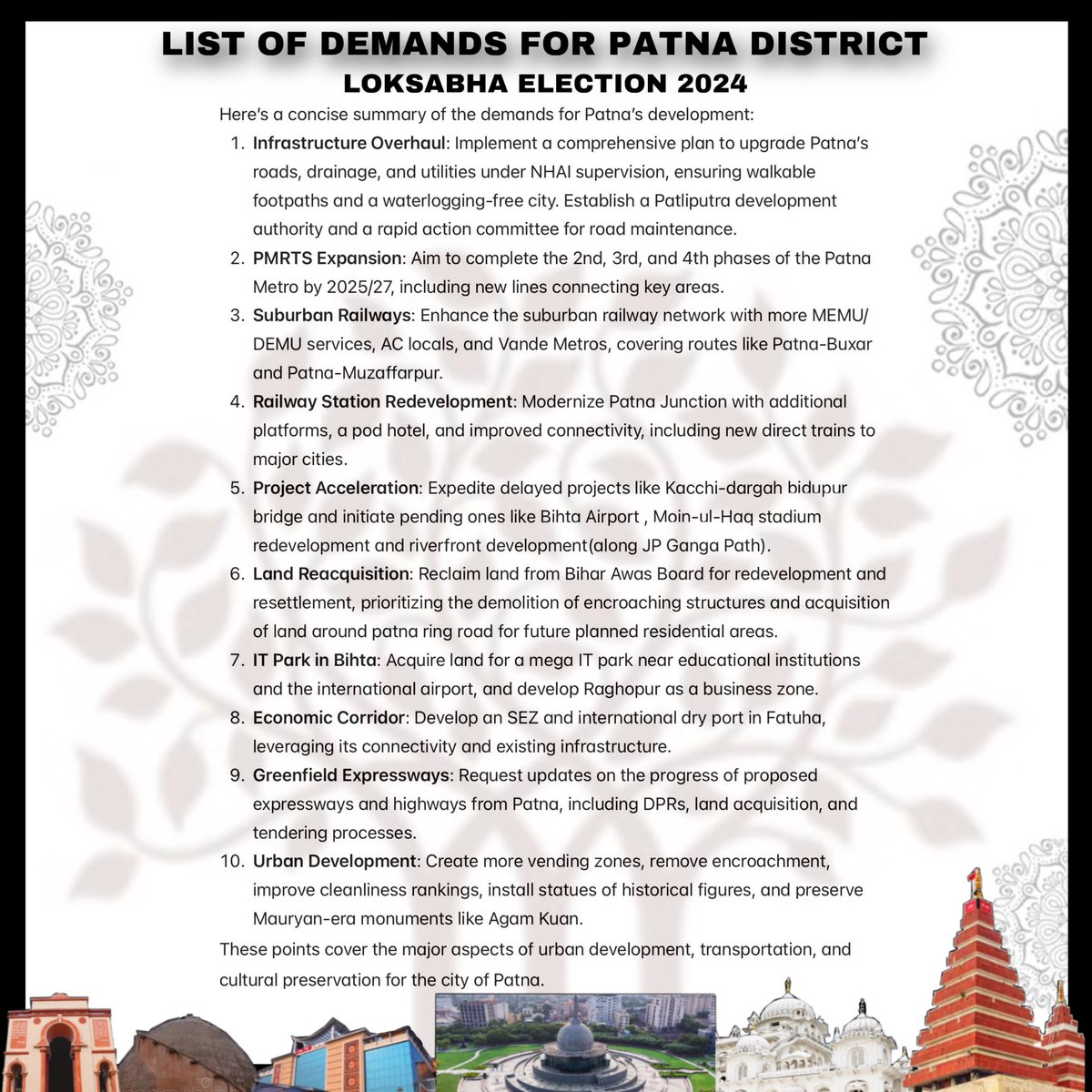 Index_Magadh's tweet image. Today PM @narendramodi ji will hold Mega Road Show in Patna
First Time for a PM in Bihar
Patna Sahib Candidate @rsprasad ji se Patna Vasiyon ki मुख्य मांगें |