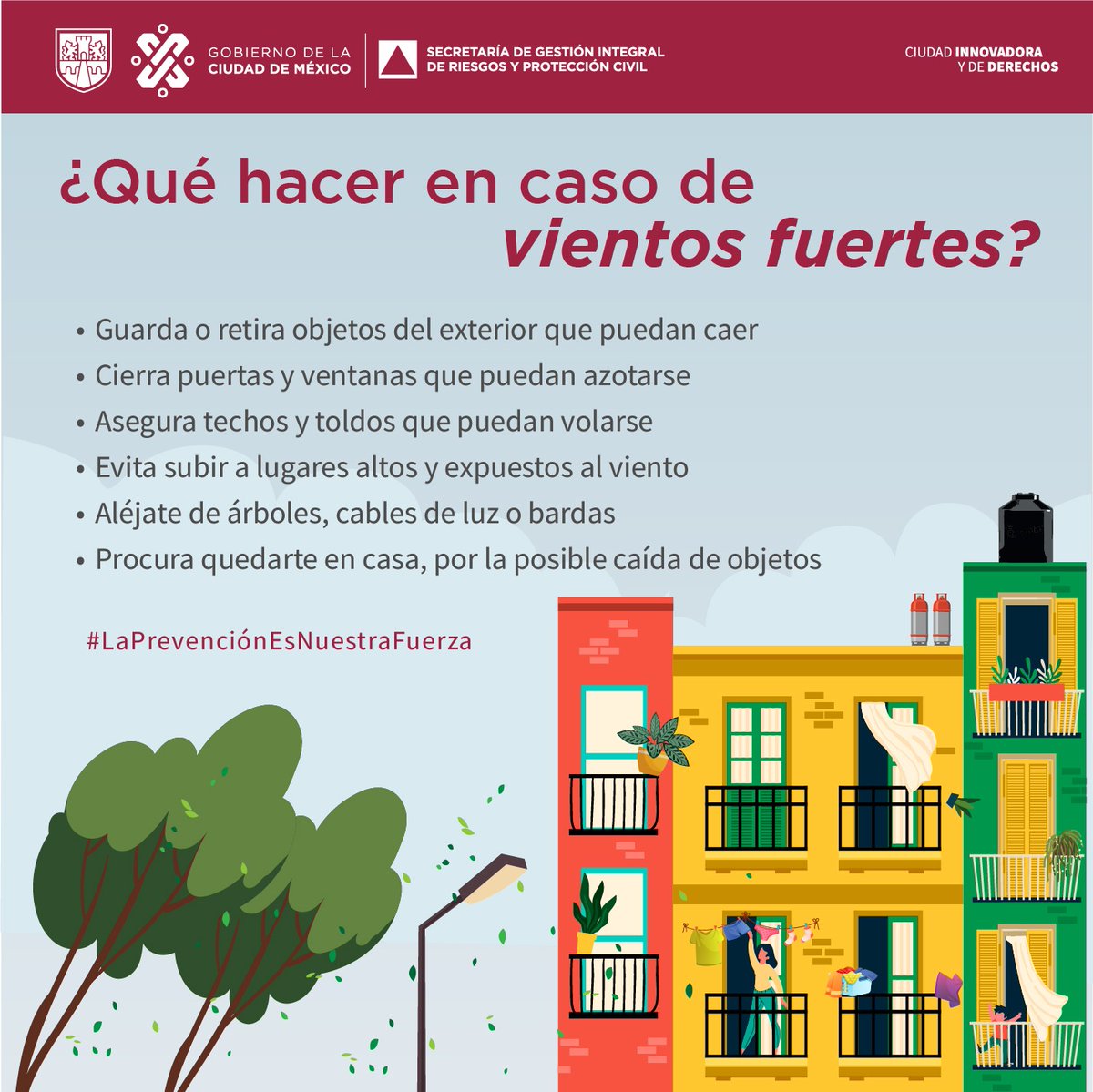 Las #vientos que se registran en la Ciudad de México pueden causar afectaciones; mantente informado y atiende las recomendaciones. #LaPrevenciónEsNuestraFuerza