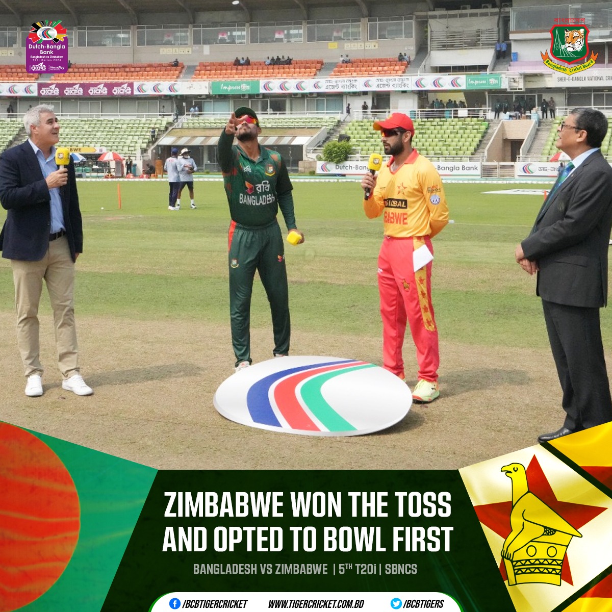 Dutch-Bangla Bank Bangladesh vs Zimbabwe T20i Series 2024 | 5th T20i 🏏 Zimbabwe won the toss and opted to bowl first Details 👉: tigercricket.com.bd/live-score/zim… #BANvZIM #BCB #Cricket #BDCricket #livecricket #Bangladesh