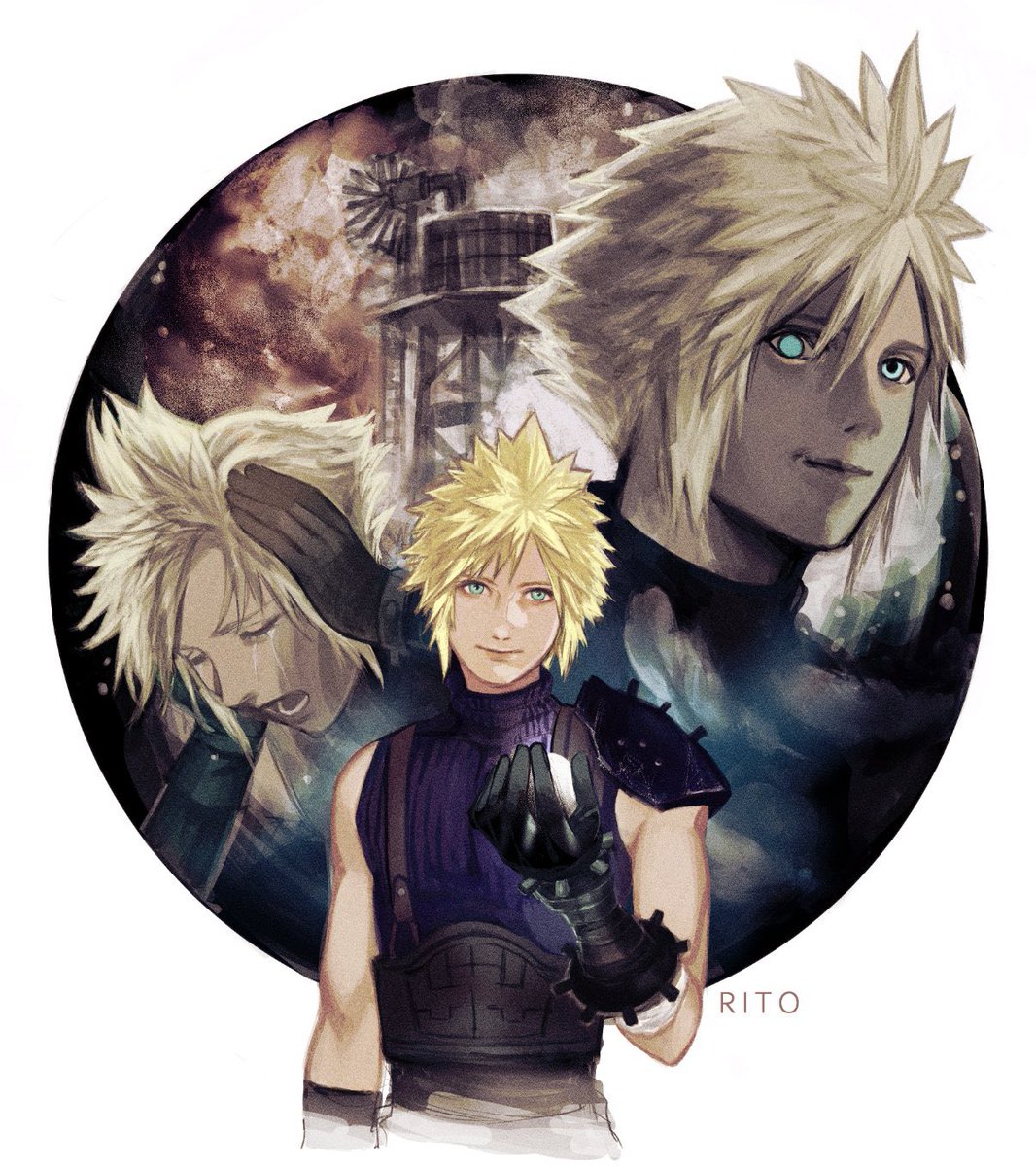 cloud strife looking at viewer smile open mouth short hair blue eyes shirt blonde hair  illustration images
