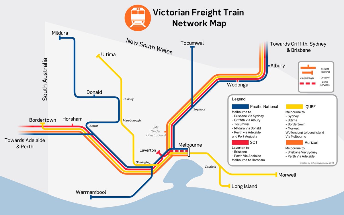 Have you ever wondered where freight trains run in Victoria? Well now I have a map for that, introducing the Victorian Freight Train Network Map This is every scheduled intermodal and steel freight service within Victoria and connections to interstate destinations