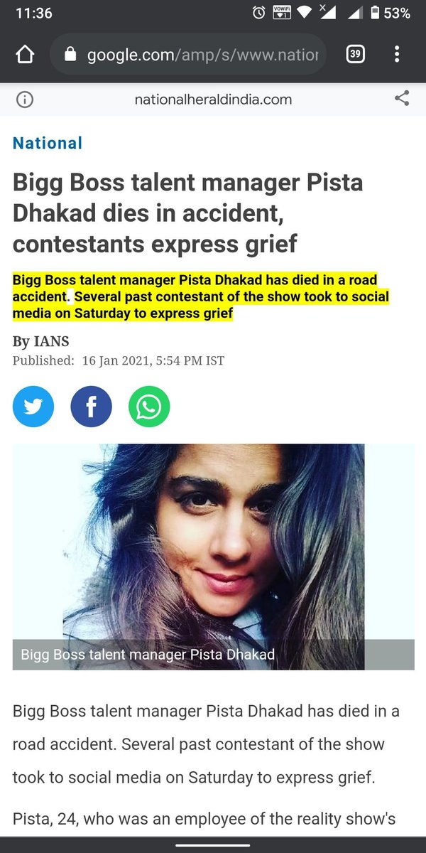 Pista Dhakad was @dishasalian26's friend & also the Talent Manger of @BeingSalmanKhan in Big Boss⁉️

Also the date she died was 16th June 2020.

Does she knew something about Disha & Sushant❓

Road Accident ✖
MURDERED ✔

Disha Death News Used SSR Name 
#JusticeForDishaSalian