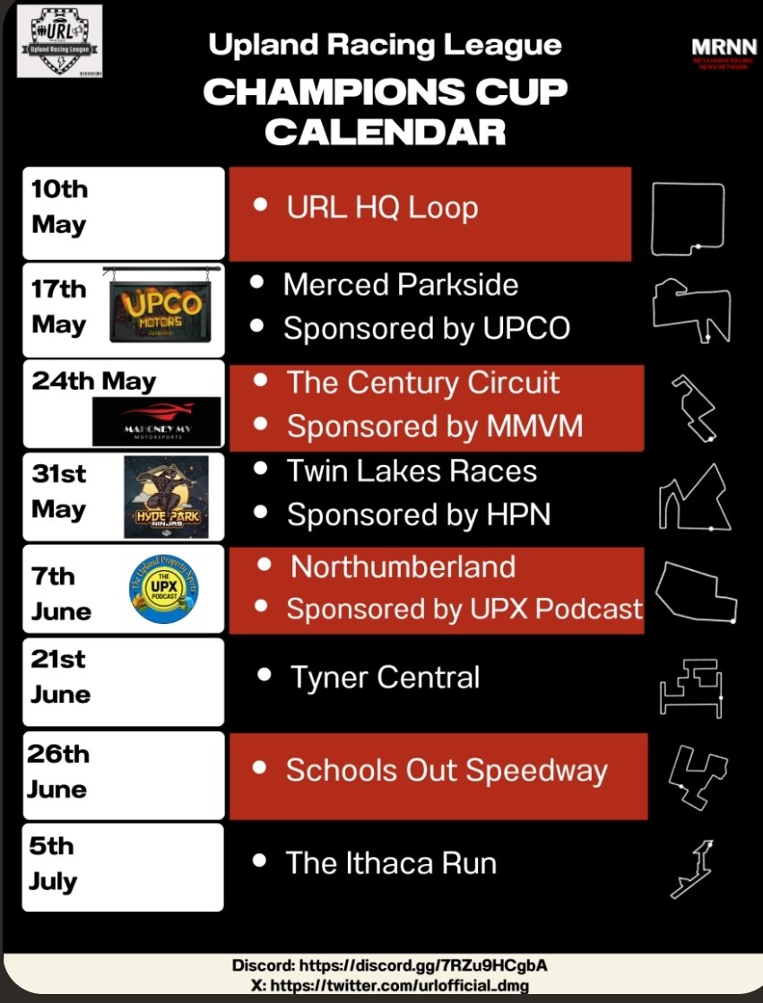 @everyone 🏎️ 🏁 **Race Season is Back** 🏁🏎️ Check out The racing calendar. This season is shaping up to be another great one. The schools out Speedway, (SOS) Is a fast Track that Will test your skills. Very competitive track. Anything can happen anybody can win. #uplandia