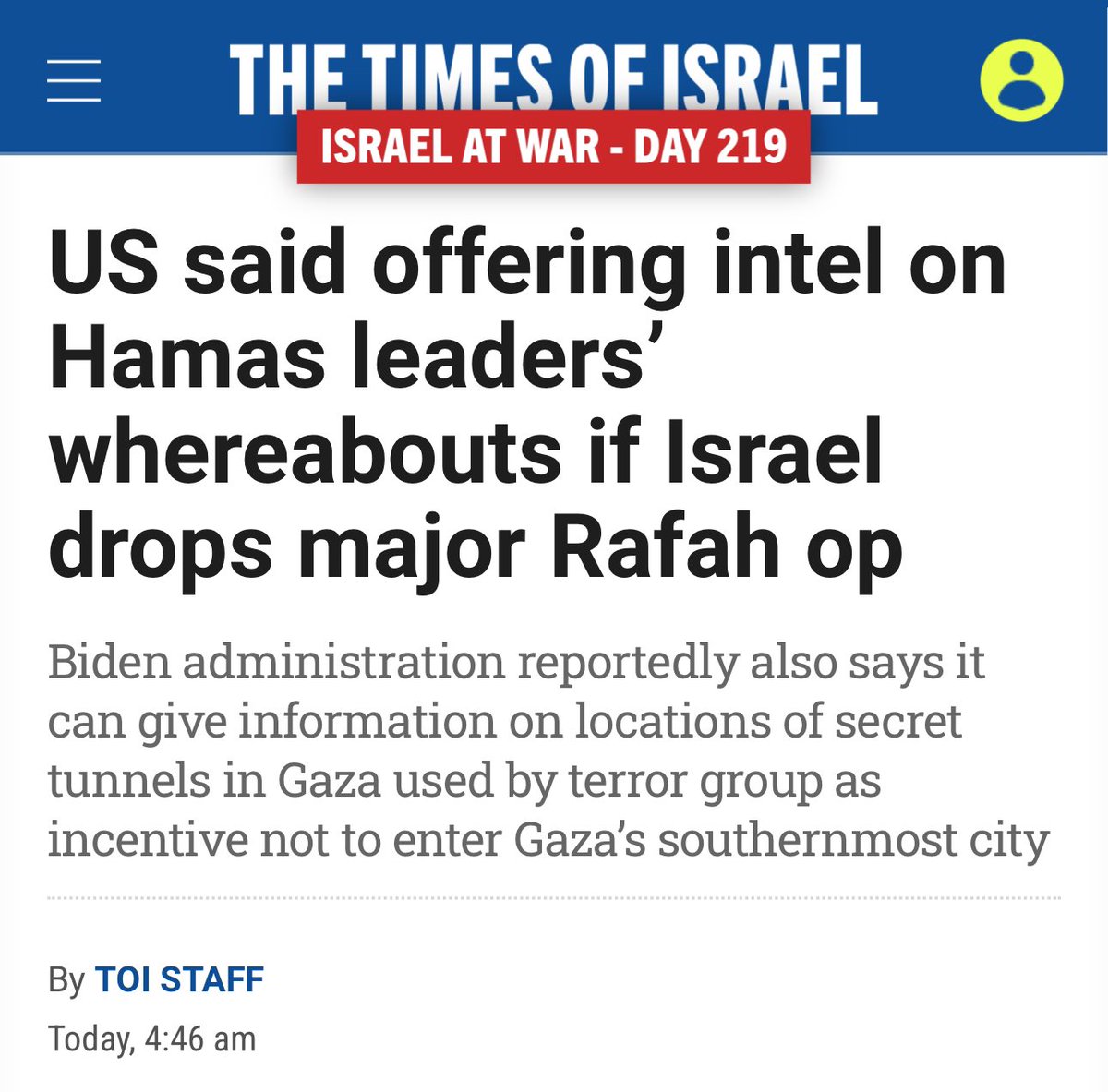 The Biden Admin has some serious explaining to do, if it has withheld intelligence on the location of Hamas leaders, tunnels and presumably hostages (incl. American nationals)!