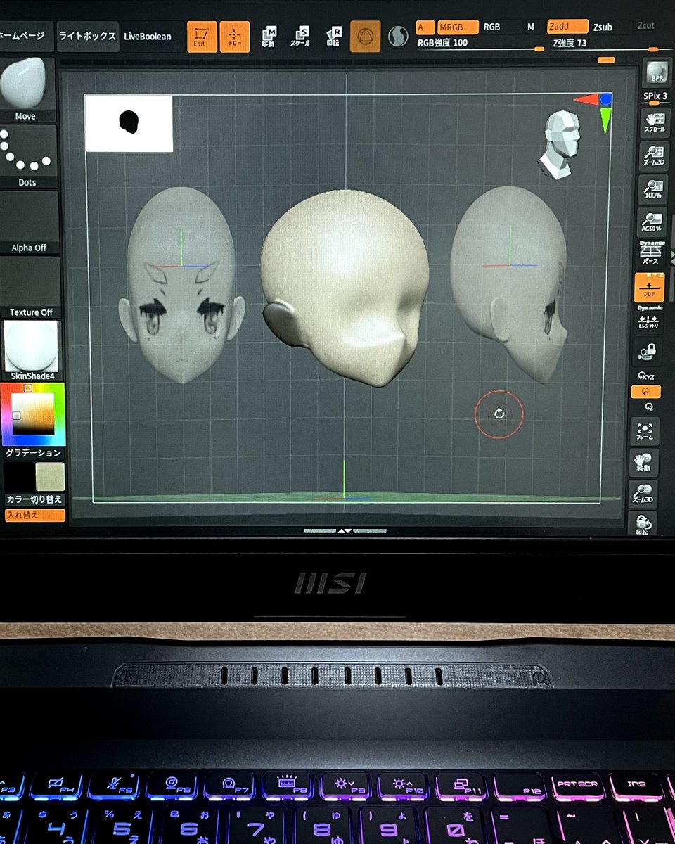 顔の形作って耳つけるとこまで出来た！！ 操作こそ教科書読みながらのろのろだけど、ぐるぐる回して色んな方向から見られるから普段の造形に近い感じするねえ