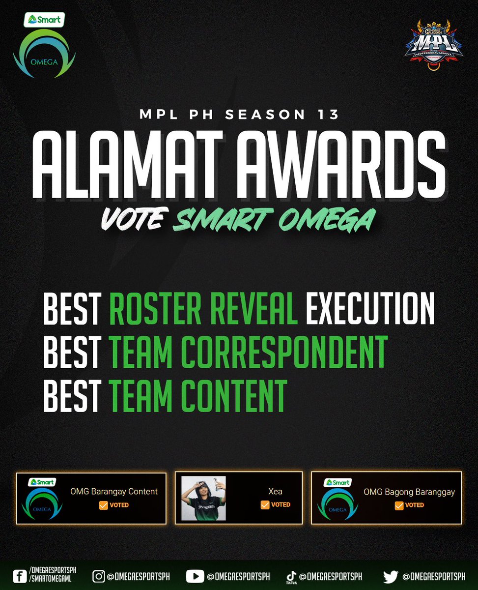 We’re nominated for the 3 categories of Alamat Awards! 📣 Don’t forget to vote Smart Omega, ka-barangay! 💚💙 👉 ph-mpl.com/alamatawards #BagongBarangayOmega #SmartOmega #LiveMoreToday