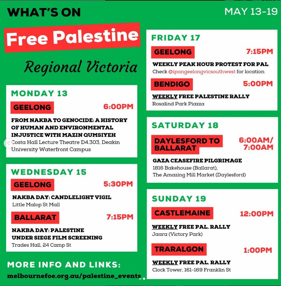 Whats on For Palestine this week in Naarm! Calendar by @FoEAustralia . More details of events on their website: melbournefoe.org.au/palestine_even…