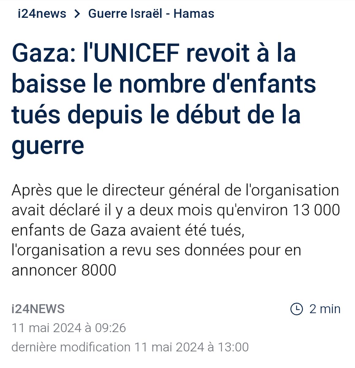 L'UNICEF serait passé de 13000 à 8000 enfants tués à Gaza. On va attendre une confirmation officielle, 8000 ça reste 8000 de trop, et on suppose que même ce chiffre est encore largement surévalué, mais on parle de 5000 enfants tués en moins au niveau des chiffres ! Combien de…