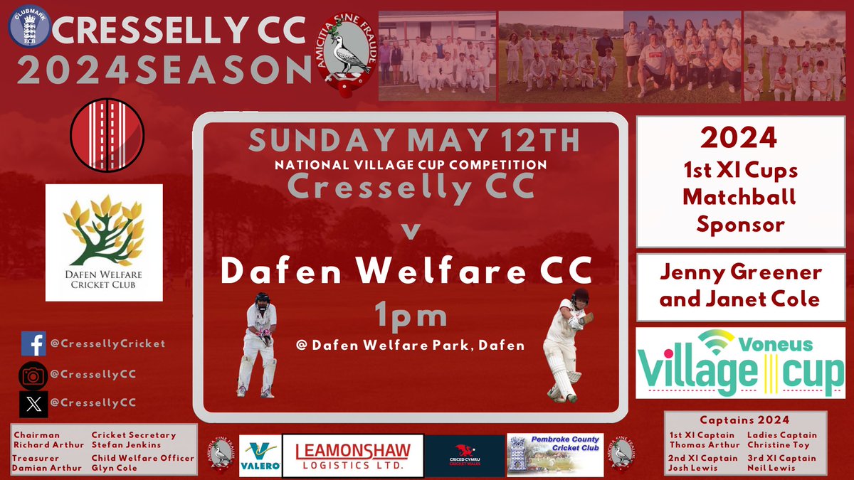 Cresselly CC (@cressellycc) on Twitter photo Get the massage gun out - it’s a double header weekend….
🏏National Village Cup
➡️ <a href="/DafenWelfareCC/">Dafen Welfare CC</a>
🏟️ Dafen Welfare Park
⏰1pm Start
Huge thanks to Jenny Greener and Janet Cole who sponsor the 1st XI cup fixture match balls.
Best of luck to Thomas Arthur and his team! Get the massage gun out - it’s a double header weekend….
🏏National Village Cup
➡️ <a href="/DafenWelfareCC/">Dafen Welfare CC</a>
🏟️ Dafen Welfare Park
⏰1pm Start
Huge thanks to Jenny Greener and Janet Cole who sponsor the 1st XI cup fixture match balls.
Best of luck to Thomas Arthur and his team!
