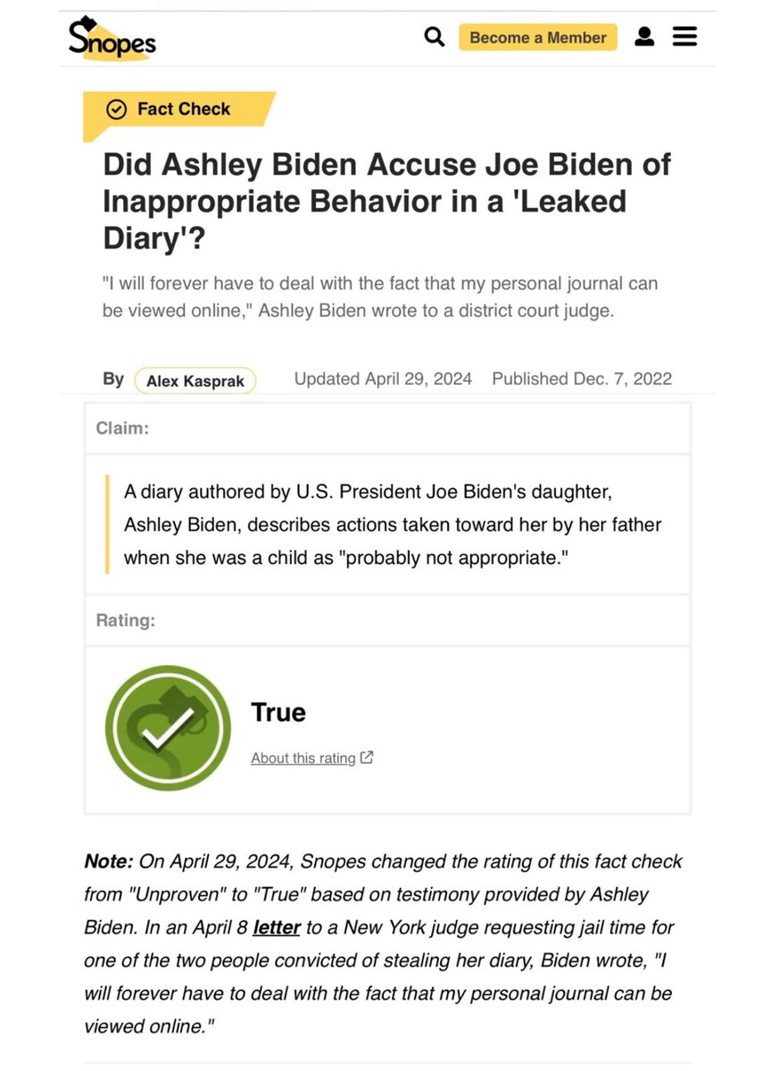 Snopes updated their rating of Ashley Biden’s accusation against “Joe Biden of Inappropriate Behavior in a ‘Leaked Diary’” to TRUE.

Democrats are finally moving to make Joe step aside so they can replace him.

📷 @VoteRepubGuy