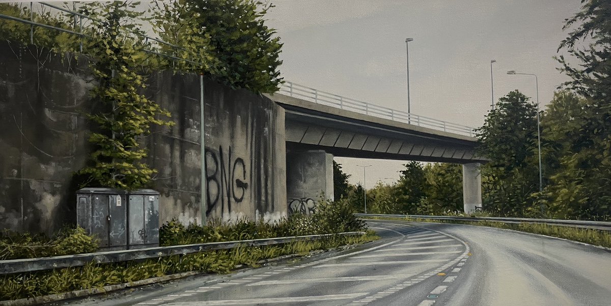 Nature Will Rule Oil on canvas 30x60cm @GrimArtGroup #painting #artist #bridge #MotorwayArt #ArtistOnTwitter #nature #concrete