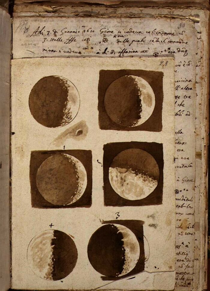Primeros dibujos de la luna realizados por Galileo Galeili tras observarla a través de su telescopio en 1609.