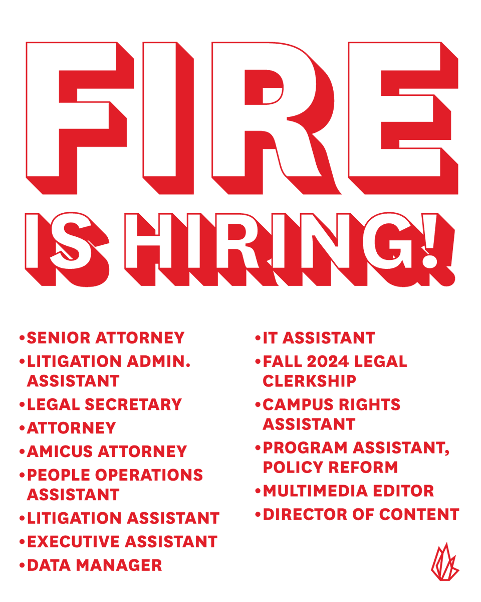 Do you know someone hard-working, principled, and passionate about free speech? FIRE is hiring! Check out our open positions in our bio and apply to join our growing team of free speech advocates 🔥