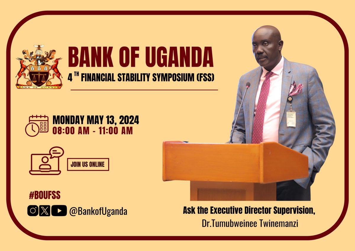 BOU_Official's tweet photo. NEW: The 4th Financial Stability Symposium is happening tomorrow, May 13th, 2024! We'll be live-streaming the event on X and YouTube, so you can join the conversation from anywhere in the world.
Mark your calendars and stay tuned for more details! #BOUFSS https://t.co/wBIXKsE5AD