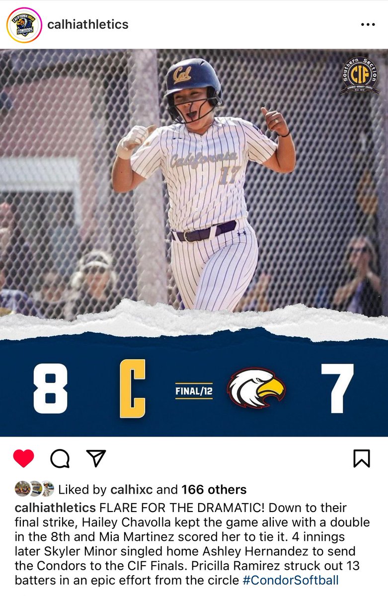 CalHi_Softball's tweet image. 🚨🥎CONGRATULATIONS TO OUR CONDORS AS WE WON 8-7 TO ADVANCE TO THE DIVISION 2 CIF CHAMPIONSHIP. GREAT JOB LADY CONDORS!🦅🥎👏👍🏼