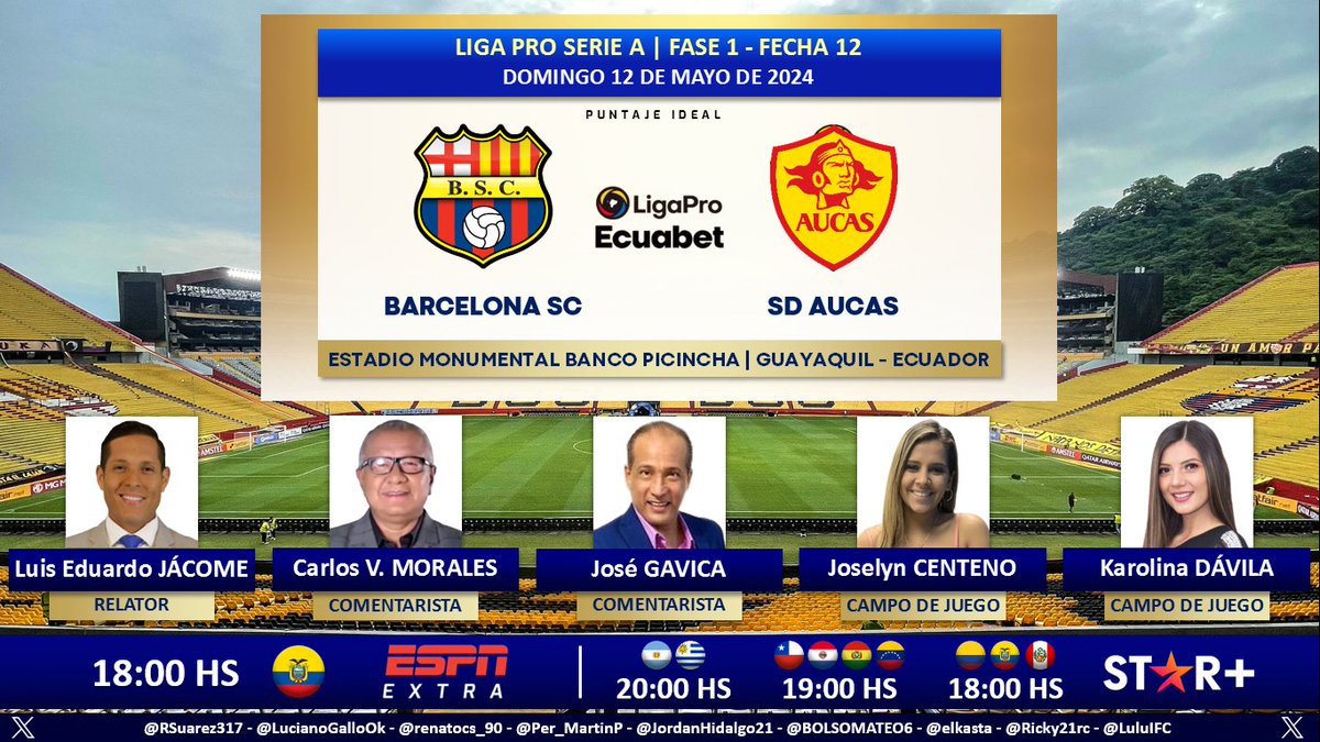 ⚽ #LigaProEcuabet 🇪🇨 | #BarcelonaSC vs. #Aucas 
🎙 Relator: @LuisEduJacome
🎙 Comentaristas: @CarlosVictorM - @pepingavica
⛳️ Cancha: @Joselyncentenob - @karolinadavilac
📺 #ESPNExtra 🇪🇨
💻📱@StarPlusLA Latinoamérica
🤳 #LIGAPROxESPN - #ESPNenStarPlus
Dale RT 🔃