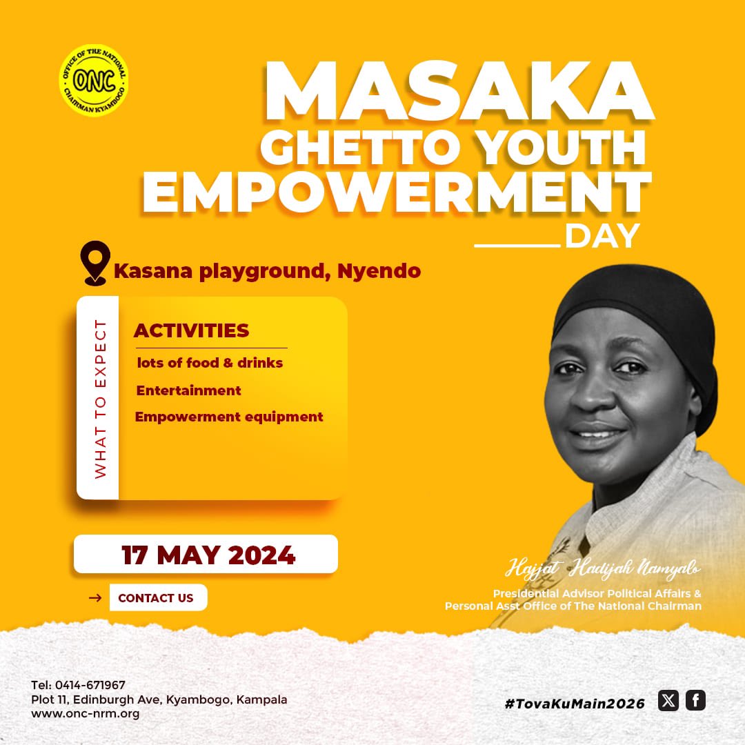 ONC Kyambogo led by Iron Lady Hajjat Hadijah Namyalo is yet to make a tremendous move to Masaka-Nyendo on the 📅 May 2024
to empower the MASAKA GHETTO YOUTH.
#OncMasaka4M7 
#TovaKuMain2026