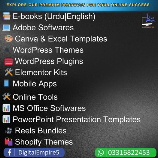 Unlock Your Digital Potential with Digital Empire's Wide Range of Products! From WordPress themes to Adobe software, e-books, mobile apps, and more. Explore our collection and revolutionize your digital journey today!
#03316822453digitalempire
#digitalempire
#WordPressTheme