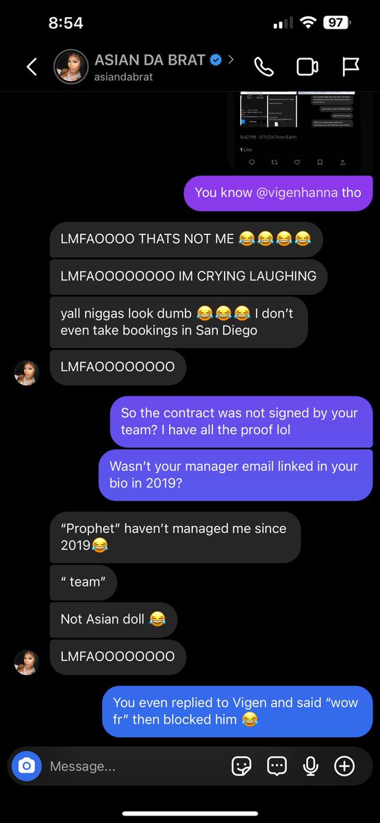 MyronGainesX's tweet photo. Look at @AsianDaBrattt trying to avoid accountability. This was from 2019 and that dude DID manage you and steal the money. Stop talking about me before I keep airing you out for the scumbag you really are. You and your weave warrior army need to fuck off. https://t.co/Of0yOQv4kw