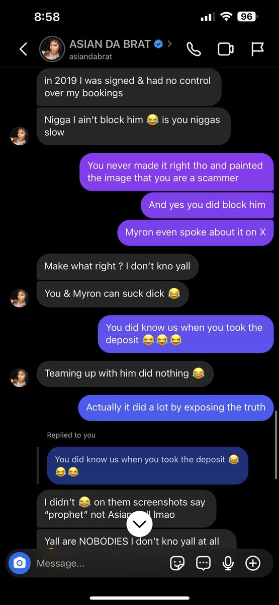 MyronGainesX's tweet photo. Look at @AsianDaBrattt trying to avoid accountability. This was from 2019 and that dude DID manage you and steal the money. Stop talking about me before I keep airing you out for the scumbag you really are. You and your weave warrior army need to fuck off. https://t.co/Of0yOQv4kw