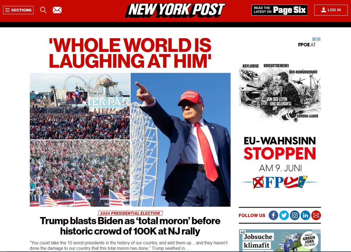 Wahlkampfveranstaltung von Donald Trump gestern am Strand von New Jersey, mit 100.000 Teilnehmern. (+ Screenshot von der NY Post, und passend dazu, eine FPÖ-Werbung neben dem Artikel) ... 😂