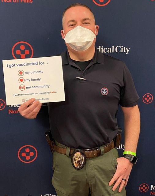 “We are proud to vaccinate a group of first responders including Capt. Kevin Palmer of the North Richland Hills PD. We're grateful to assist in vaccinating other heroes serving our community. #HealthierTomorrows. North Richland Hills PD January 7, 2021” — NORTHEAST TARRANT…