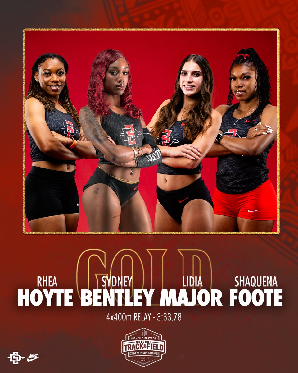 𝐒𝐄𝐕𝐄𝐍 𝐒𝐓𝐑𝐀𝐈𝐆𝐇𝐓 𝟒𝐗𝟒 𝐆𝐎𝐋𝐃𝐒 🥇 Yea, you read that right.. Rhea Hoyte, Lidia Major, Sydney Bentley, and Shaquena Foote run a 3:33.78 to dominate the 4x400m relay and claim our SEVENTH consecutive gold in the event! #GoAztecs x #MWOTF