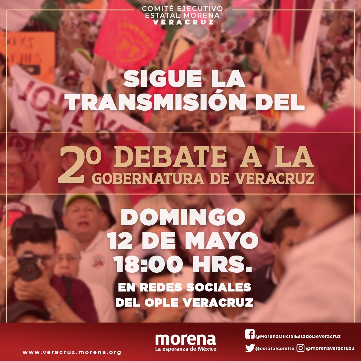 EstatalComite's tweet photo. Acompañemos a nuestra candidata Rocío Nahle en el segundo debate por la gubernatura de Veracruz 
Sigue la transmisión en vivo mañana domingo 12 de mayo a partir de las 18:00 horas en las redes sociales del OPLE veracruz https://t.co/4eGPMiKK0i