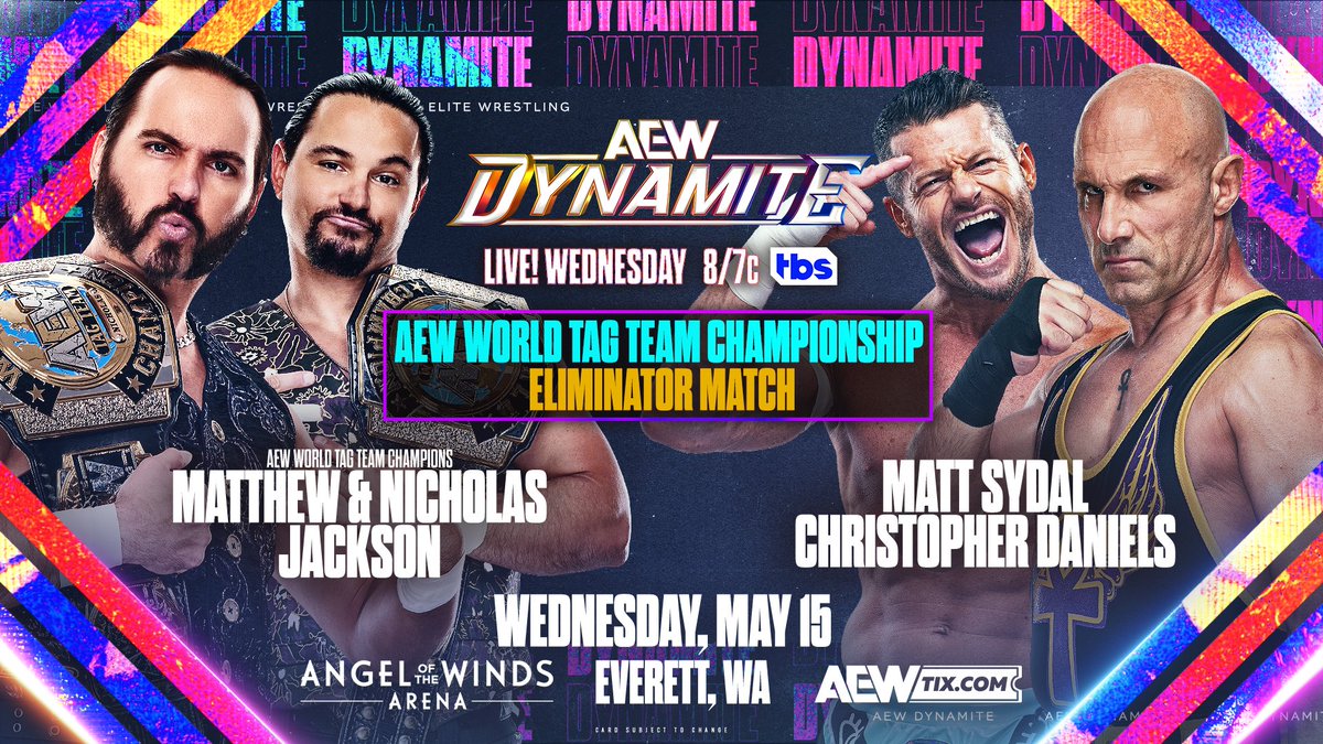 #AEWDynamite WEDNESDAY! Everett, WA | LIVE 8pm ET/7pm CT | @TBSNetwork Matthew & Nicholas Jackson vs Christopher Daniels & Matt Sydal After feeling disrespected by the EVPs, @facdaniels fights back by teaming w/@MattSydal to battle the @YoungBucks in a Championship Eliminator!
