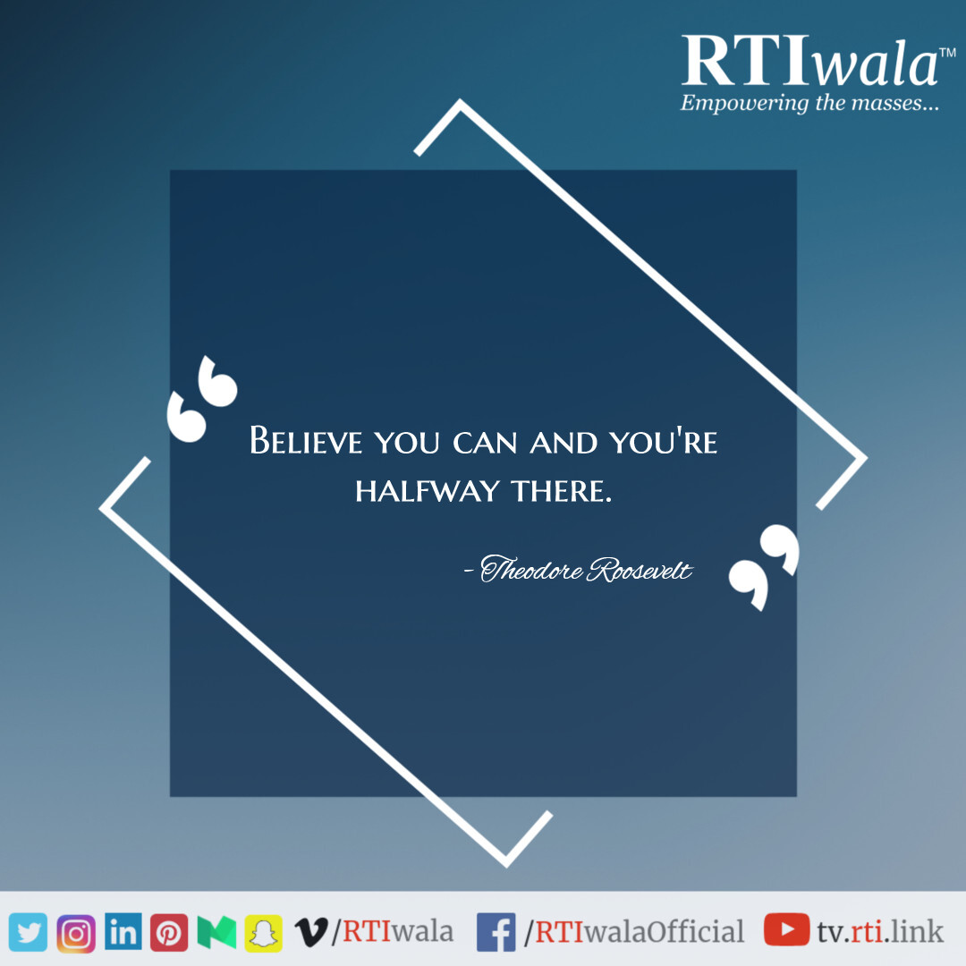 Believe you can and you're halfway there. 
#TheodoreRoosevelt 

Just visit: cc.rti.link to fix your legal issue or exercise the Right to Information!

#RTIwala #Startup #DreamBig #Inspiration #Success #Motivation #PersonalGrowth #Motion #Quote #Goals #blessings #Life